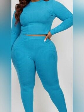 Ribbed High-Waist Leggings in Turquoise Blue
